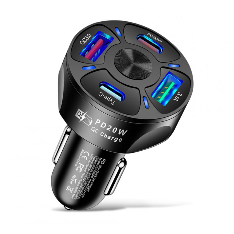 4-in-1 Car Charger Fast Charging Dock Pd 20w Type-c QC3.0 Usb 3.1a Fast for Mobile Phones Tablets Driving Recorders Black