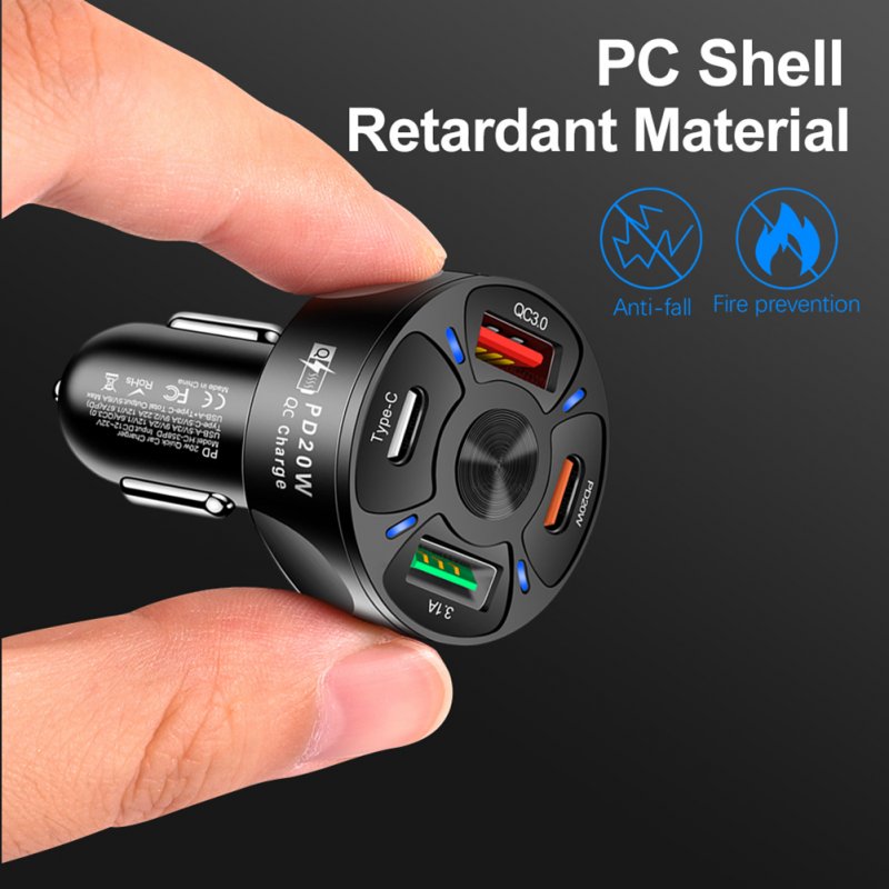 4-in-1 Car Charger Fast Charging Dock Pd 20w Type-c QC3.0 Usb 3.1a Fast for Mobile Phones Tablets Driving Recorders Black