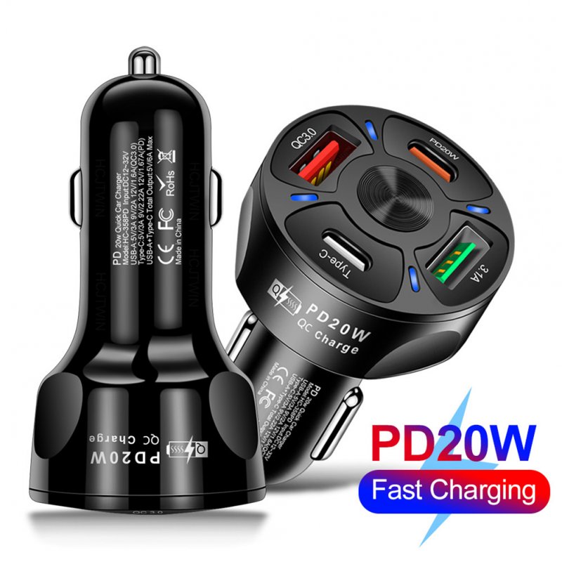 4-in-1 Car Charger Fast Charging Dock Pd 20w Type-c QC3.0 Usb 3.1a Fast for Mobile Phones Tablets Driving Recorders Black