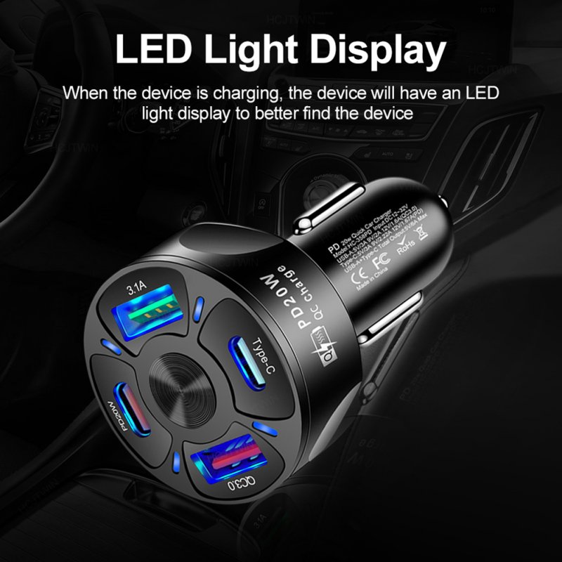 4-in-1 Car Charger Fast Charging Dock Pd 20w Type-c QC3.0 Usb 3.1a Fast for Mobile Phones Tablets Driving Recorders Black