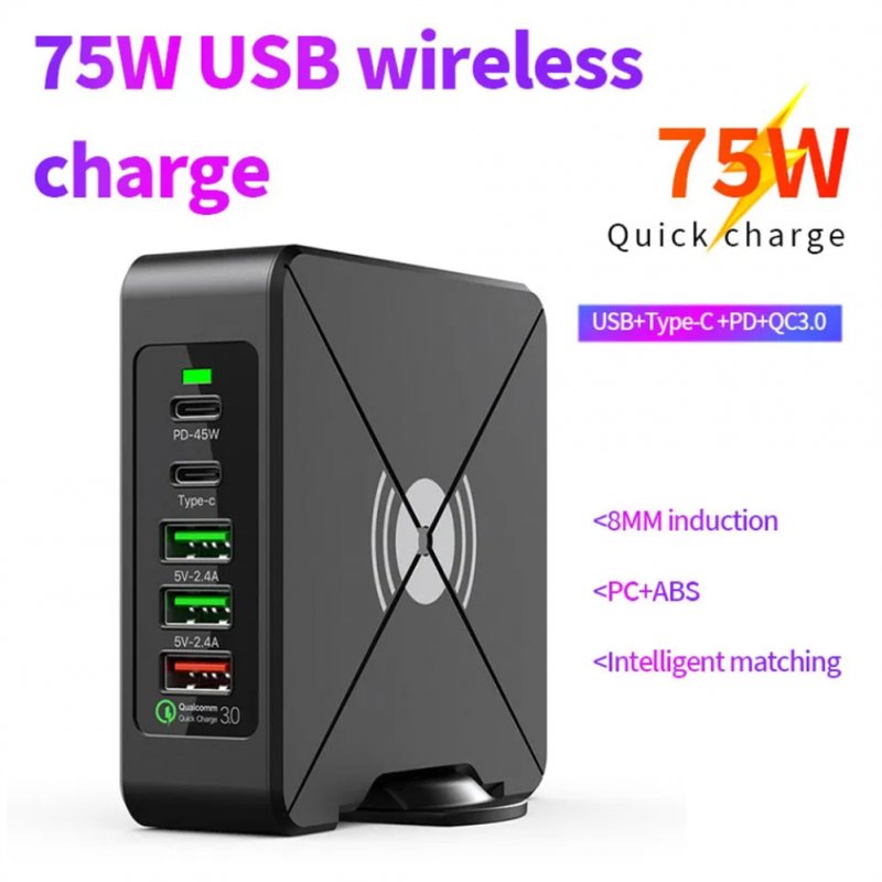 5-in-1 USB Hub 75W Multiport USB Charging Station Hub Adapter PD USB Splitter QC3.0 Fast Charging Rotation Stand US Plug